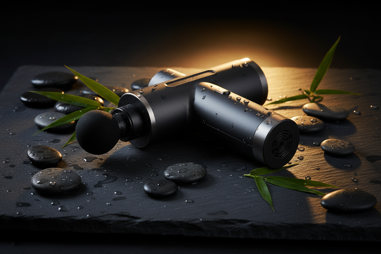 A massage gun displayed on a dark matte stone surface with water droplets, smooth pebbles, green leaves, and soft glowing rim-light for depth. High-contrast luxury spa aesthetic, dramatic shadows, modern premium product ad style, elegant and powerful mood, visually striking and cinematic.

Mood: dramatic, bold, modern
Use if you want: a powerful visual that instantly grabs attention