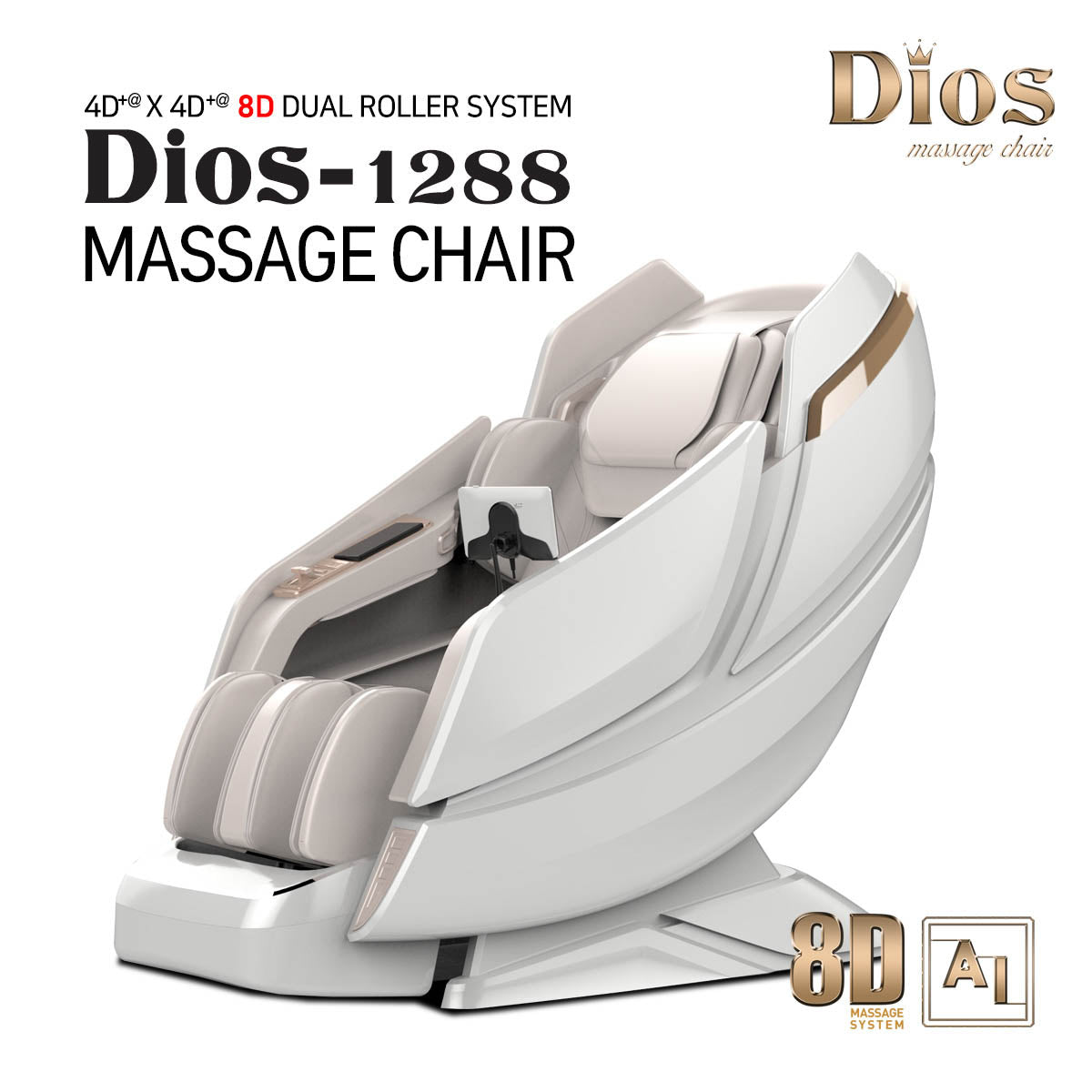 White Dios Massage Chair 8D AI Dual Air Tech Touch Roller SL-track with Brain Relaxation Program Dios-1288