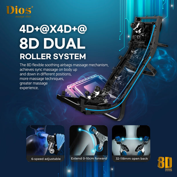 Black Dios Massage Chair 8D AI Dual Air Tech Touch Roller SL-track with Brain Relaxation Program Dios-1288