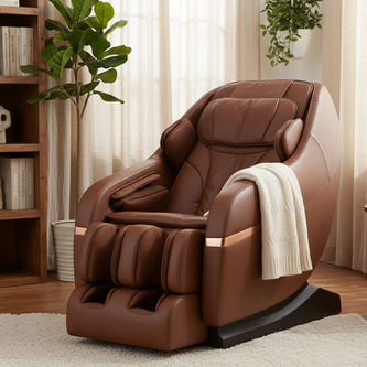 generate me a beautiful looking luxary massage chair with a cool background that is homeboddied and looks really comfy.