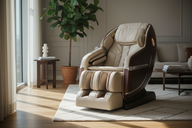 generate me a high quality image of a luxury massage chair in a home setting no one sitting in it kinda close up high quality and aesthetic 