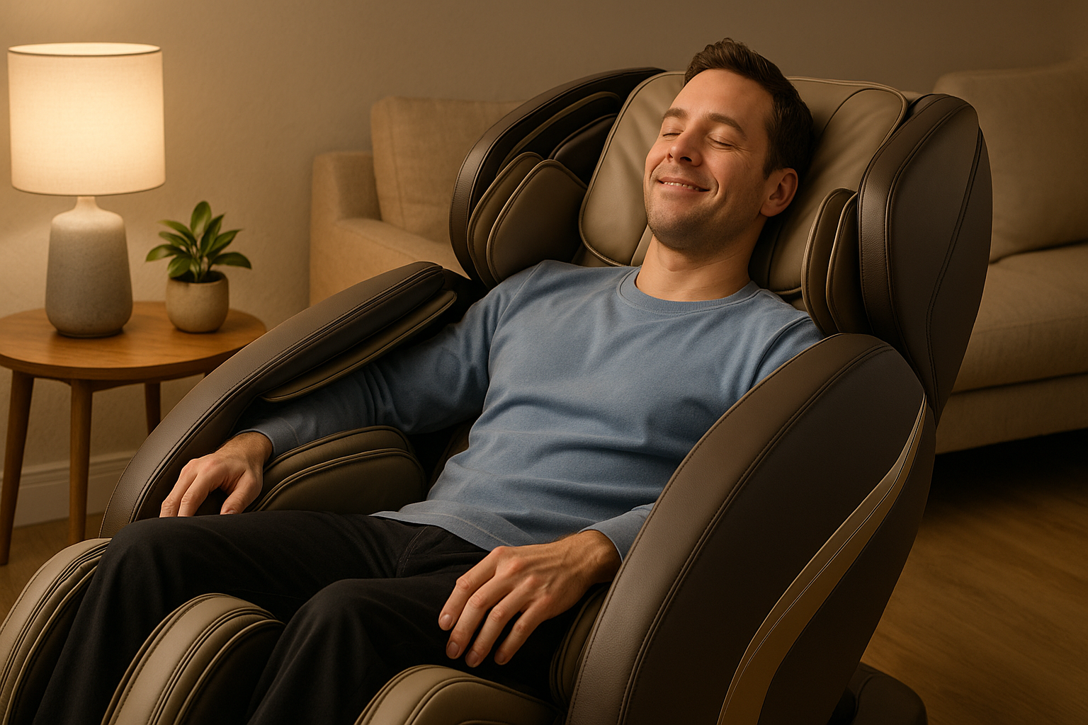generate me a picture of a person relaxing in a fully reclined luxury massage chair smiling 3776 x 2160 px 