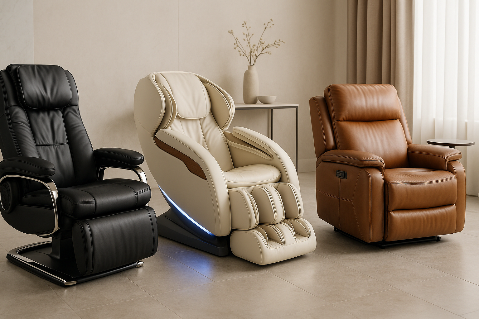 generate me an aesthetic image for home screen page of three different massage chairs with additions onto them and recliners make the chairs look luxurious and size needs to be 3776 x 2160 px 