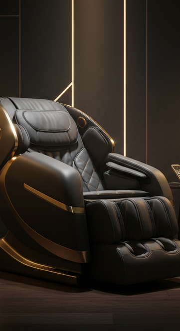 generate me an image of a luxury massage chair that has a cool background and is darker with gold accent colors. Not only that, make the massage chair look super comfy and hook the customer when they see it.