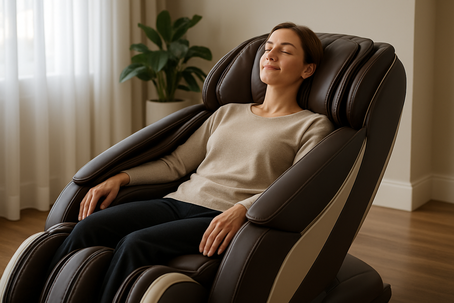 generate me an image of someone recovering in a luxury massage chair reclining back realistic picture though good quality too 