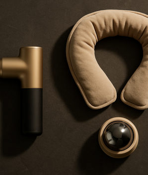 Luxury wellness product scene featuring a massage gun, heated neck wrap, and a massage roller ball displayed on a dark stone surface. Minimalist premium composition with elegant soft shadows, warm accent lighting, and a modern spa-tech aesthetic. Shot as a professional product flat-lay, centered with clean spacing, 880x880 resolution, ultra-realistic photography, no text, no logos, no visible brand names.