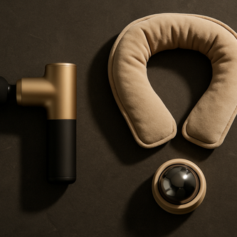 Luxury wellness product scene featuring a massage gun, heated neck wrap, and a massage roller ball displayed on a dark stone surface. Minimalist premium composition with elegant soft shadows, warm accent lighting, and a modern spa-tech aesthetic. Shot as a professional product flat-lay, centered with clean spacing, 880x880 resolution, ultra-realistic photography, no text, no logos, no visible brand names.