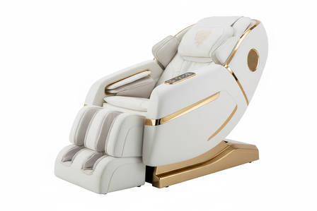 “luxury zero-gravity massage chair, white leather with gold accents, isolated on a pure white background, clean studio lighting, 8k, hyper-realistic, e-commerce product photo, no props, no shadows”