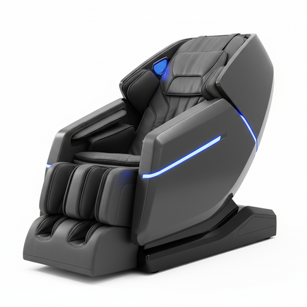 premium smart massage chair with subtle LED accents, dark gray with blue lighting trim, sleek angular design, isolated on pure white background, clean studio lighting, 8k product photo